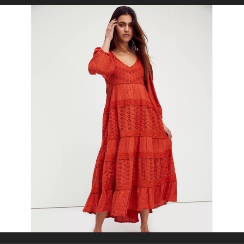 Free People mockingbird dress. Rust Red Tiered Eyelet Maxi Dress